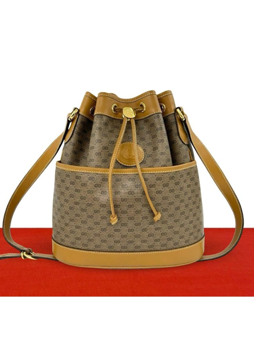 Gucci Vintage Micro GG Pattern Logo Leather Drawstring Shoulder Bag Brown